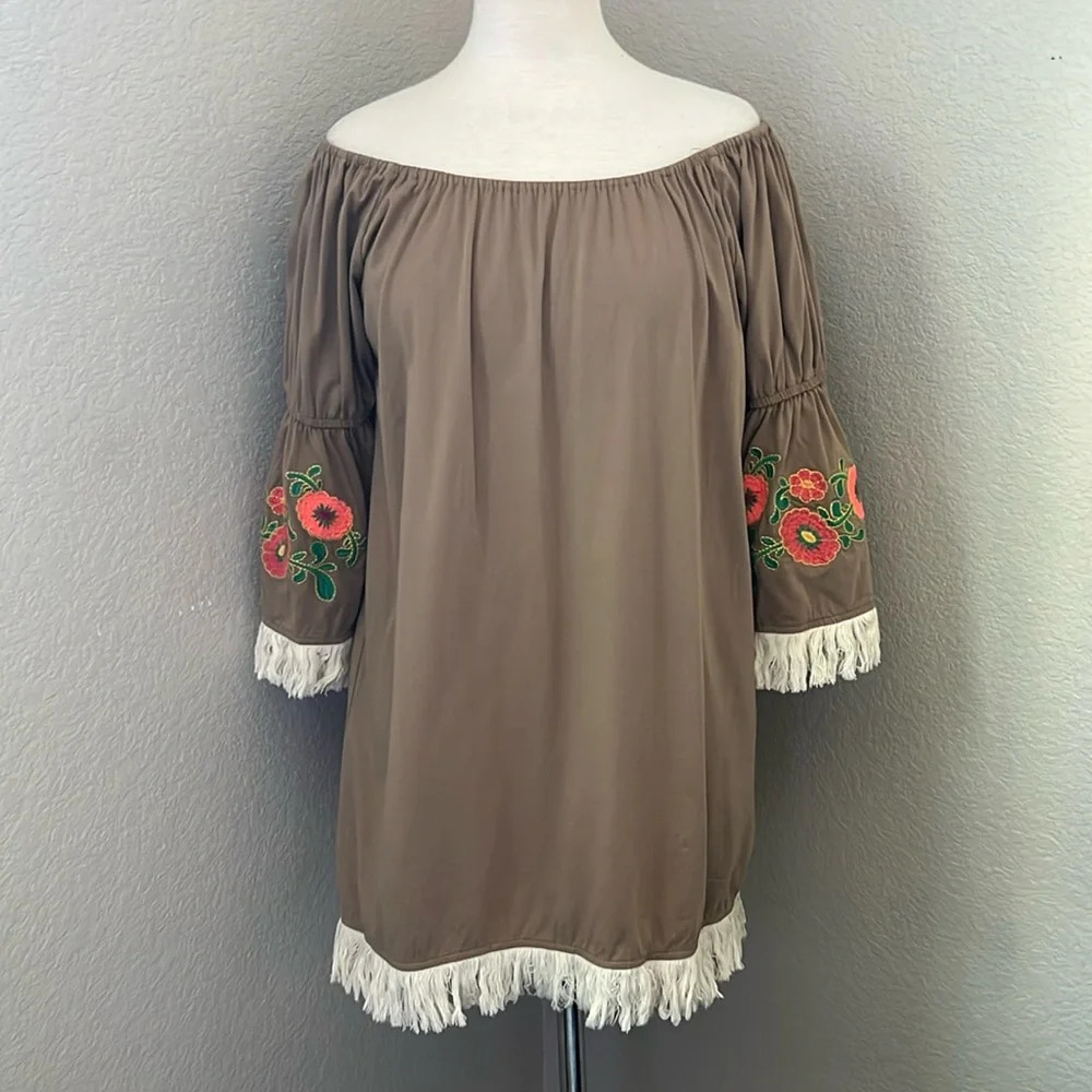 UMGEE boutique brand taupe fringe detail dress